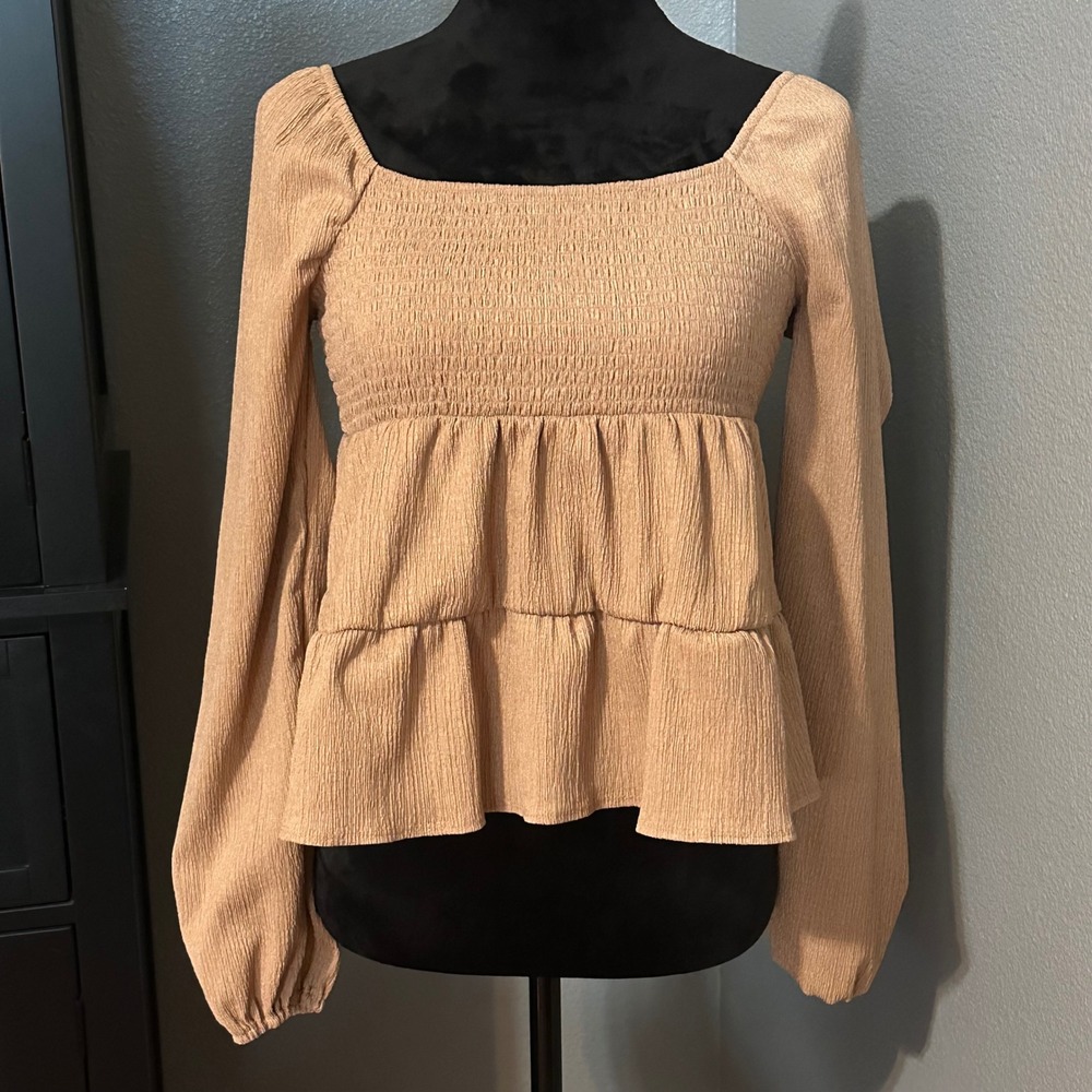 Madden Girl Blouse Medium Smocked Peplum‎ Blouse Cottagecore Boho Square Neck